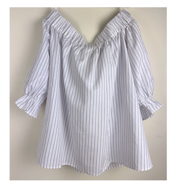 Harshman Coastal Gruner Off Shoulder Linen Blend Top White & Lavender Stripe 3X - Picture 9 of 13